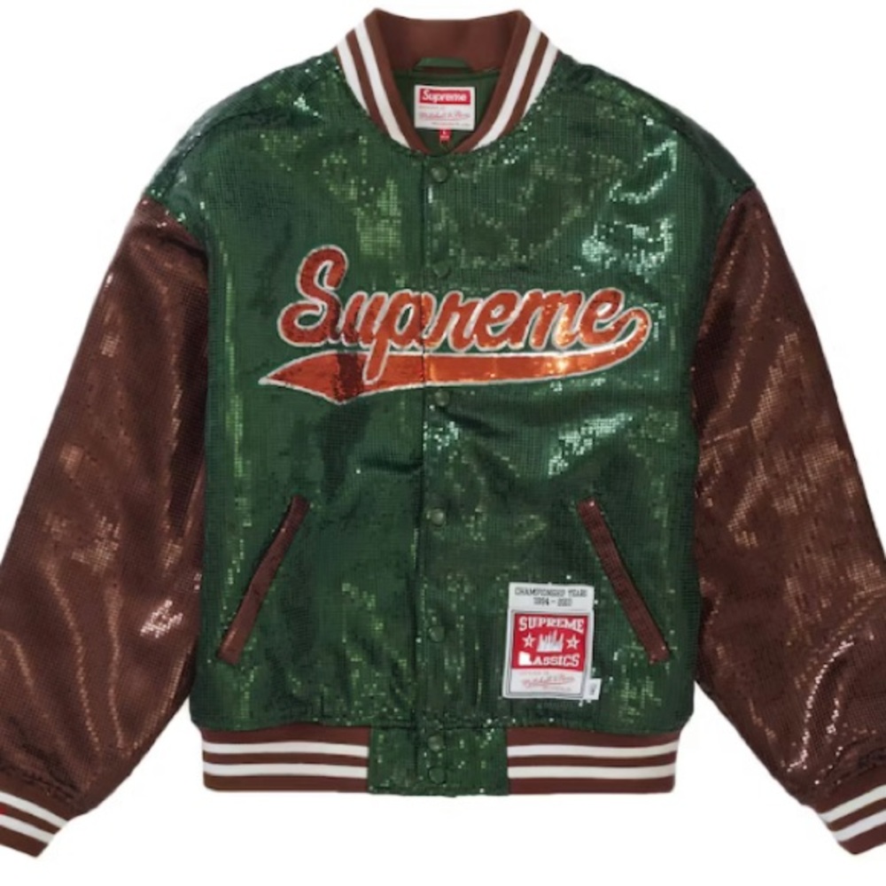 Supreme/ Mitchell & Ness Sequin Varsity Jacket , Green/Brown. Brand new